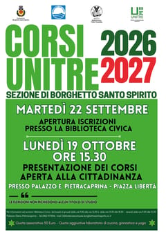 Al via l’anno accademico 2026/2027 alla sezione UNITRE di Borghetto Santo Spirito