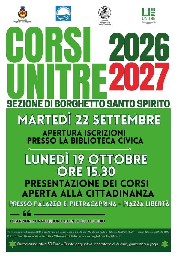 Akademisches Jahr 2026/2027 bei der UNITRE-Sektion Borghetto Santo Spirito startet